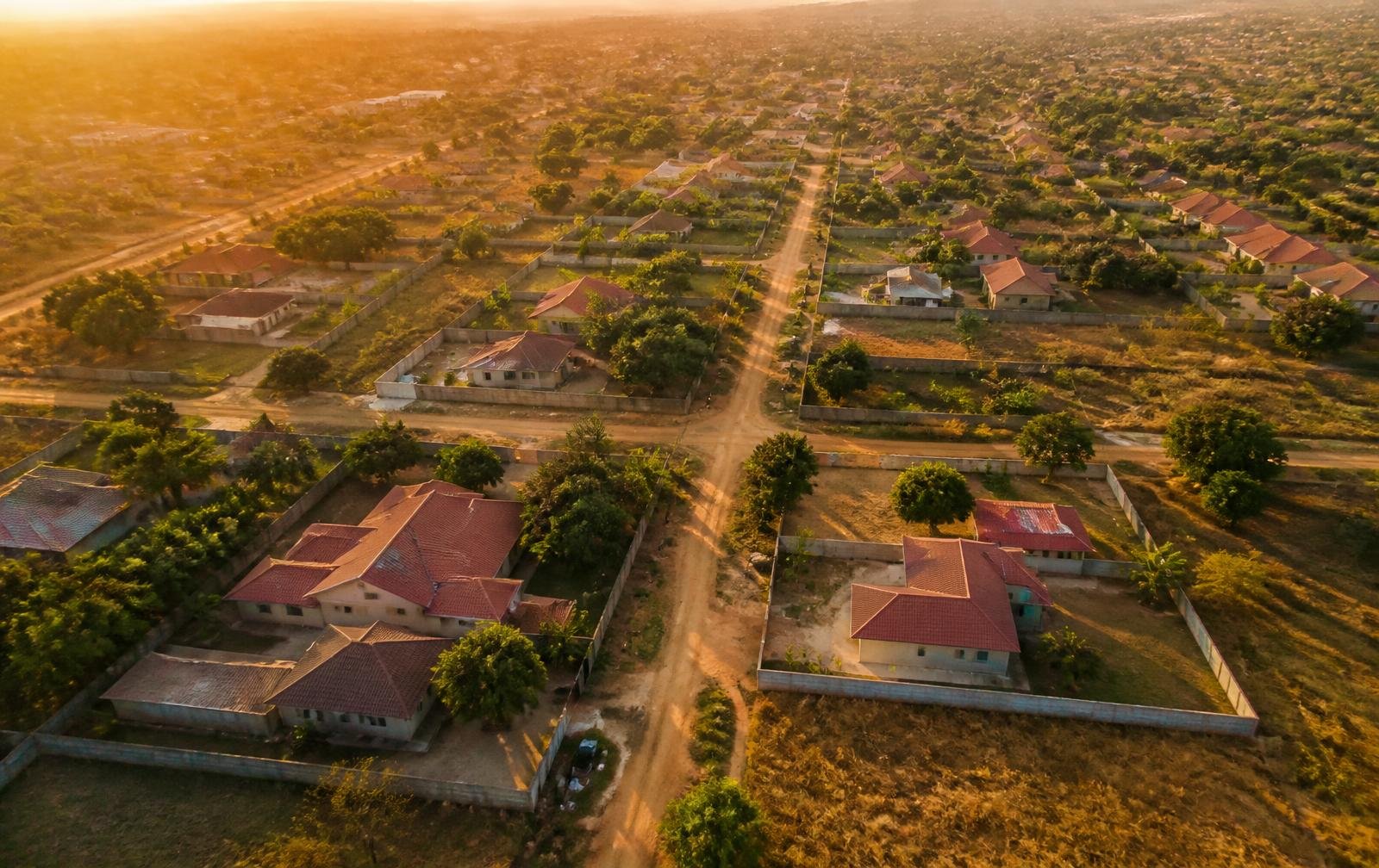 Aerial view of surveyed residential plots on the edge of Lusaka at sunset